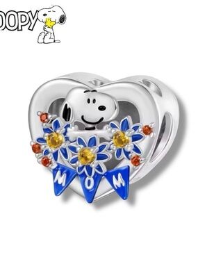 Pandora Silver Snoopy MOM Heart Charm with Blue Enamel & Yellow Flowers